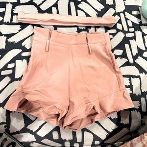 High waisted ruffle hem belted shorts